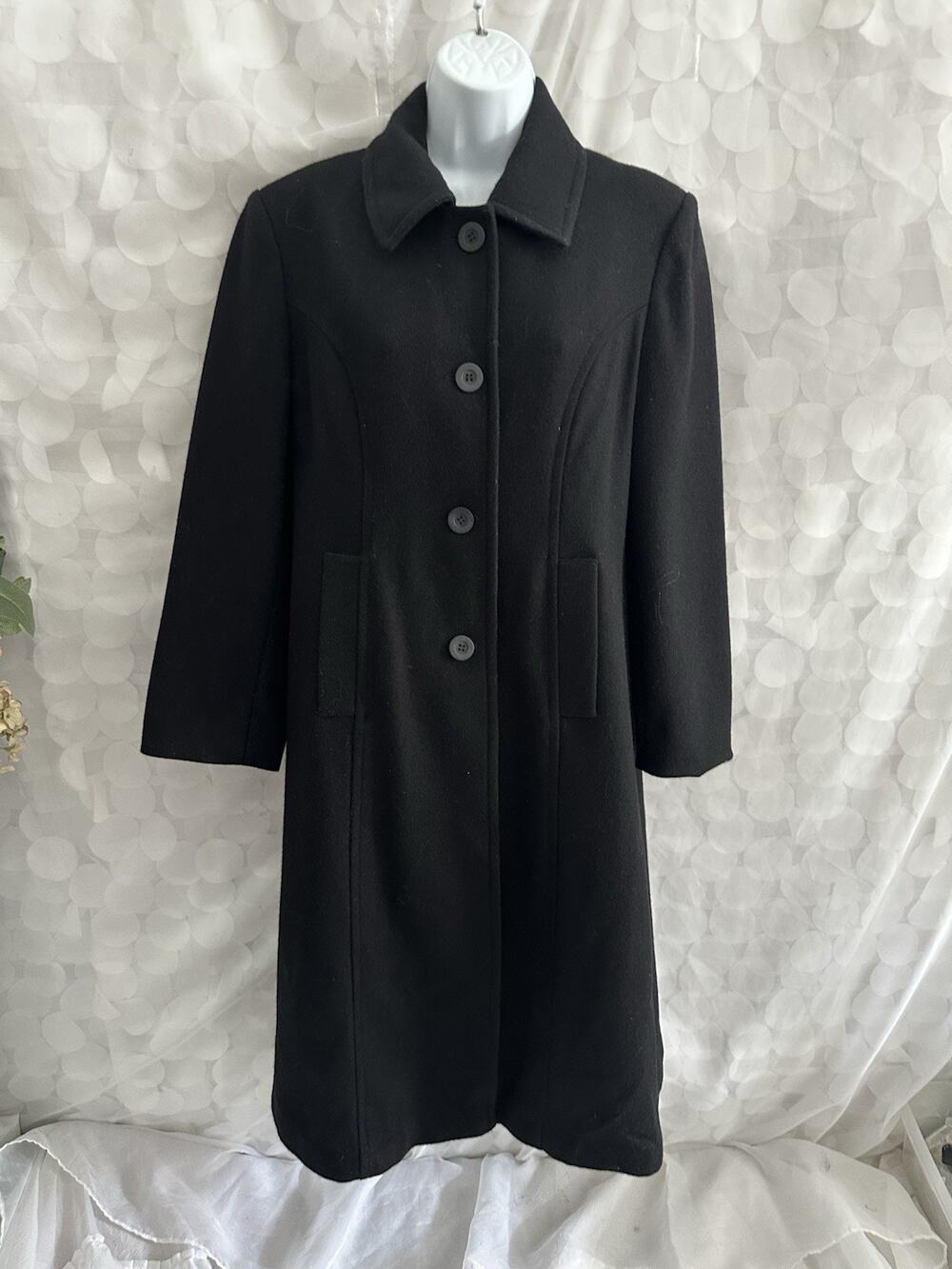 Vintage Black 100% WOOL LONG MAXI Coat 8 PETITE Princess Seams Classic